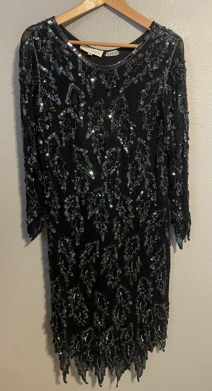 Vintage Greg Adams Womens Dress Small Black Silk Beaded Cocktail Party Gatsby